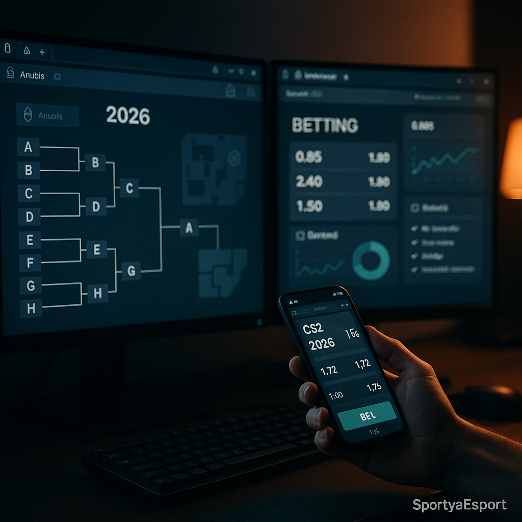 Nighttime desk scene with dual monitors showing a generic CS2-style tournament bracket and a