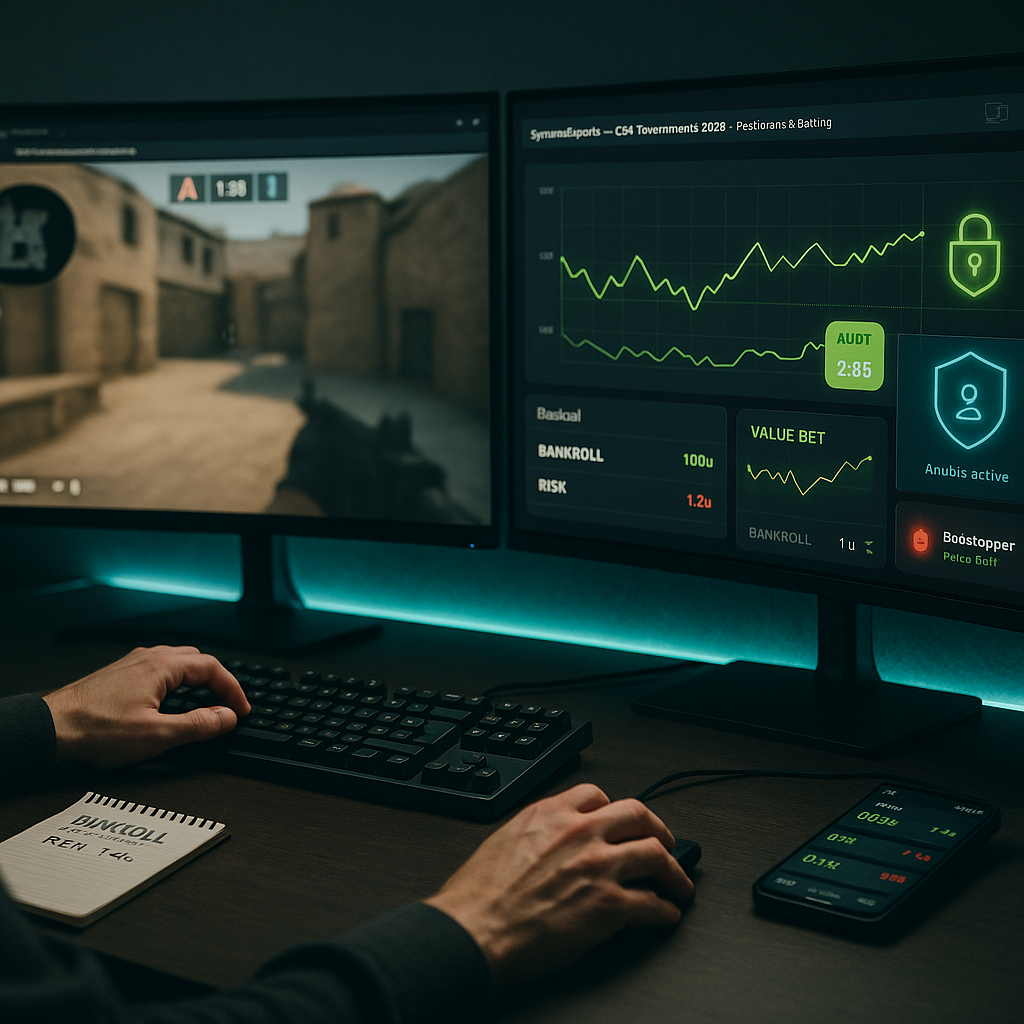 Photorealistic desktop scene during a live CS2 betting session in 2026, with odds graphs,